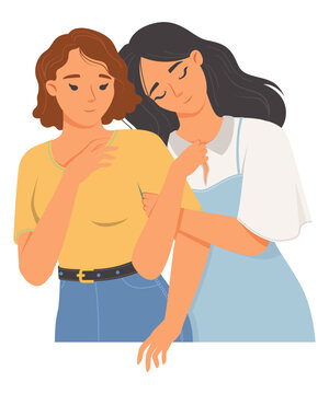 Portrait of happy loving female friends hugging standing together