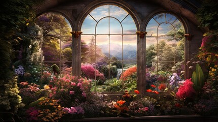 Fototapeta na wymiar a painting of a garden with flowers and a large window. generative ai