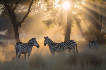 Fototapeta na wymiar Majestic zebras grazing on the savannah in the sunshine., generative IA