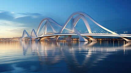 Naklejka premium a large bridge over a body of water at night time. generative ai