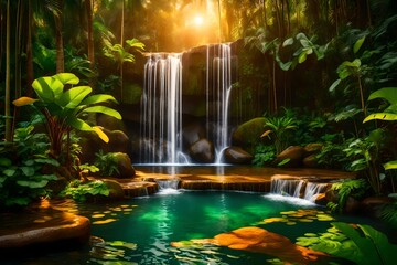 Nature's masterpiece unfolds as a jungle waterfall is bathed in the warm embrace of a setting sun - AI Generative