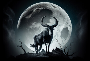 A big bull against the full moon. AI Generated