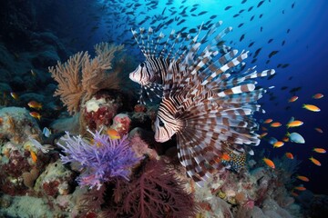 Colorful school of tropical fish among corals and graceful lionfish., generative IA