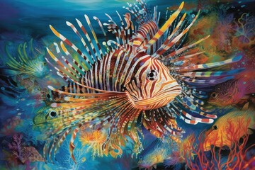 Naklejka na ściany i meble Colorful school of tropical fish among corals and graceful lionfish., generative IA