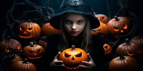 A girl, in a witch costume is holding pumpkins.