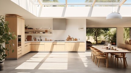  a large kitchen with a skylight and a dining table.  generative ai