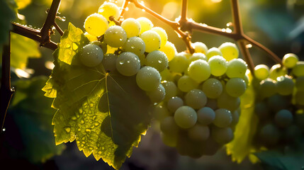 Vineyard. A fresh hanging bunch of green grapes illuminated by a ray of sun, with drops of dew. Generative AI technology.