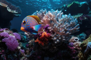 Naklejka na ściany i meble Exotic fish among colorful corals underwater., generative IA