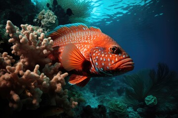 Fototapeta na wymiar Exotic fish swim among colorful coral in crystal clear waters., generative IA