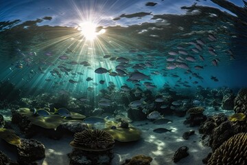 Fototapeta na wymiar Colorful shoal dancing among corals in crystal clear waters. Rich and mesmerizing marine life., generative IA