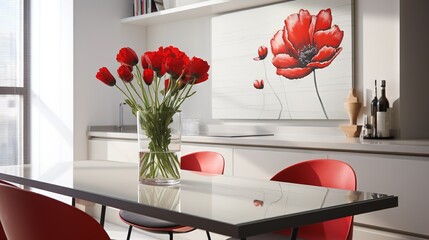  a vase of red flowers on a table in a room.  generative ai