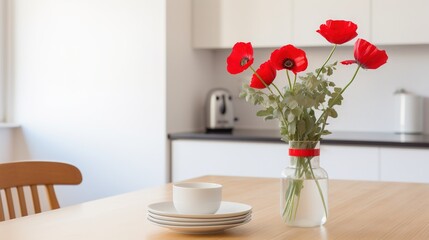  a vase of red flowers sitting on a table next to a plate.  generative ai