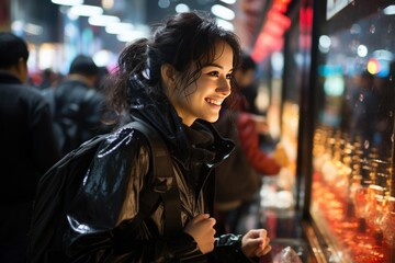 Fototapeta premium Frenzy of Savings: Black Friday's Dynamic Dance of Shoppers and Sales., happy asian window shopper created with generative ai