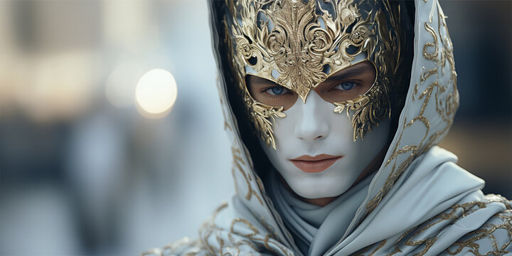 Image of a mysterious man in a beautiful carnival white mask with gold, standing against the backdrop of a blurred image of the city - Powered by Adobe
