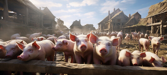 Muddy pig farm sunny day crowded. Concept of Agricultural scene, pig farming, sunny day on the farm, muddy conditions, pig pens, rural livestock, animal husbandry.