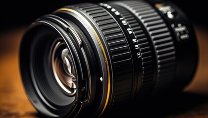 Fototapeta na wymiar professional camera with yellow detailing on black background 