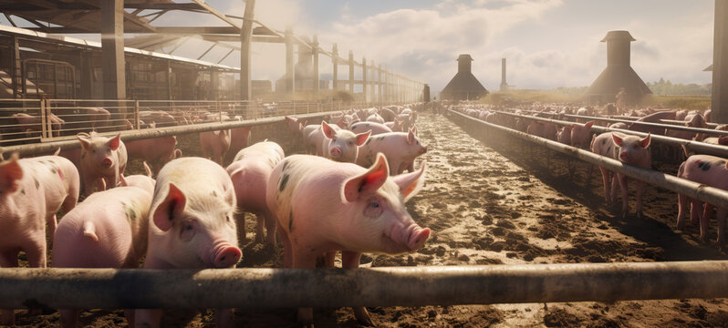 Muddy pig farm sunny day crowded. Concept of Agricultural scene, pig farming, sunny day on the farm, muddy conditions, pig pens, rural livestock, animal husbandry. - Powered by Adobe
