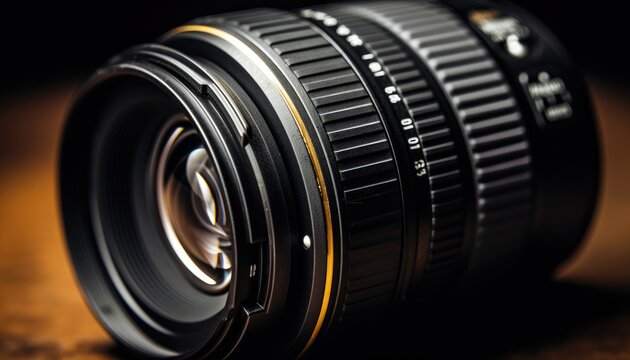 Fototapeta professional camera with yellow detailing on black background 