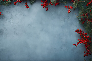 Festive composition with vibrant red holly berries and dark green leaves arranged in the corners,...
