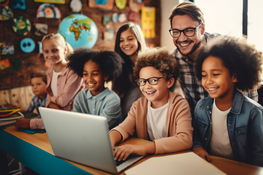 Smiling multiracial students doing e-learning in classroom. Generative AI