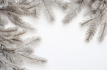 A top view of silver-painted fir branches arranged around the edges, creating a frosty frame against a white background with ample space in the center for text 