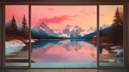 a painting of mountains and a lake is shown through a window.  generative ai