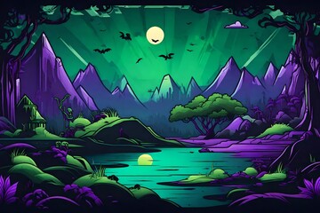 zombie and Apocalypse game background, green purple and black colors - AI Generative
