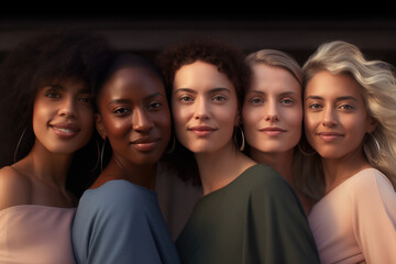 A group of smiling females stands together, representing diversity in body types and skin tones. Generative Ai, Ai.
