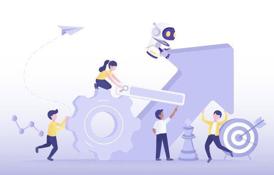 Artificial Intelligence (AI) technology and business startup. Collaboration between human and ai robot to achieve business growth. Tactical planning, Strategy management, Solving problem.