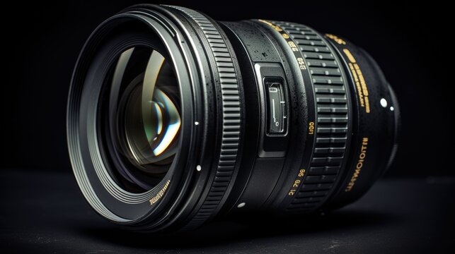 professional camera with yellow detailing on black background