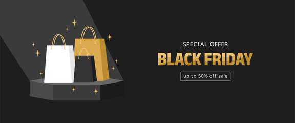 Black friday sale banner. Glowing shopping bags on a pedestal under a beam of light. Flat vector illustration