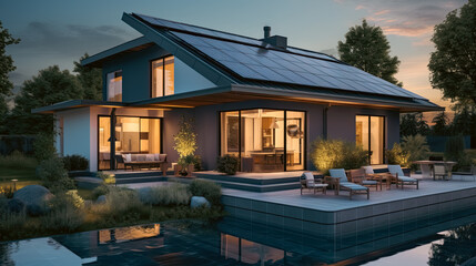 Fototapeta na wymiar House with solar panels, wind power and rainwater harvesting.