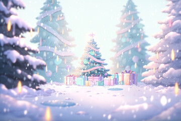 christmas trees and decorations illustration with anime style and pastel color