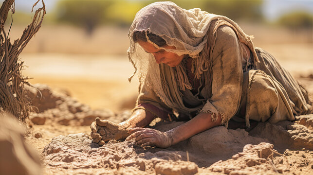Broken woman on a dried riverbed during a heatwave, digging a hole with her hands. Concept hope and drought. Climate change