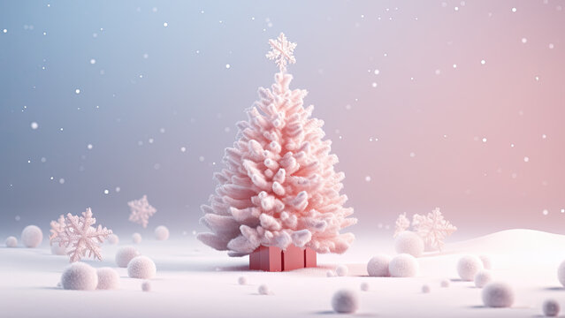 Creative Christmas design pink pastel color background with Christmas tree. New Year concept.