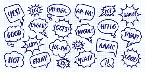 Hand drawn comic speech bubbles on checkered paper sheet. School notebook for drawing. Simple retro cartoon stickers. Chatting, message box. Vector illustration