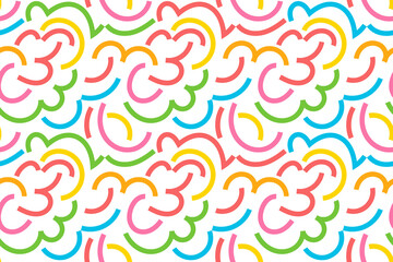 Squiggle seamless pattern with colorful lines. Fun abstract scribble background. Childish doodle print with simple geometric shapes, streamers. Vector illustration isolated on white