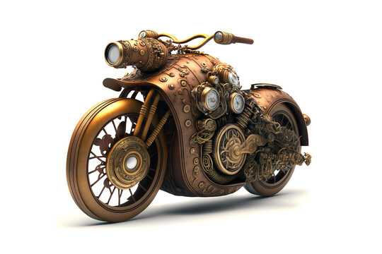 Generative AI of a steampunk brass motorcycle on white background. 
