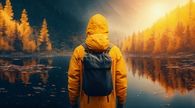 Generative AI of an adventurer in yellow raincoat with a backpack looking at mountain lake and trees in autumn.