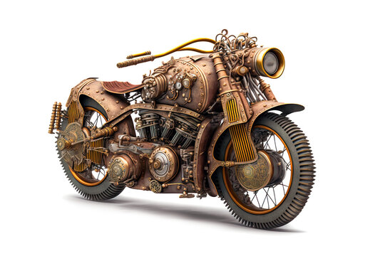 Generative AI of a steampunk brass motorcycle on white background.