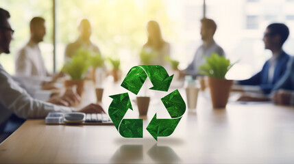 Recycle Symbol Icon  on blurred background with groupe of businessmen 