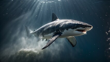 Fototapeta premium A majestic great white shark swimming in the vast ocean