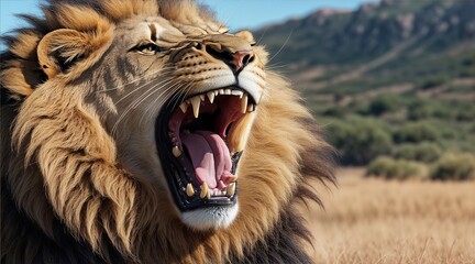 A roaring lion with its mouth wide open - obrazy, fototapety, plakaty