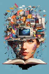 A woman balancing a book and a laptop on her head - obrazy, fototapety, plakaty