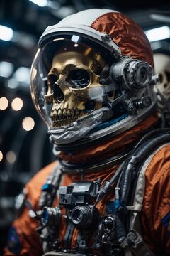 A space-themed skeleton in a futuristic spacesuit and helmet