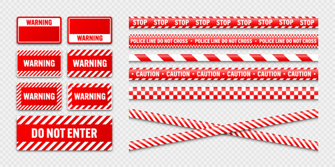 Various barricade construction tapes and warning shields. Red police warning line, brightly colored danger or hazard stripe, ribbon. Restricted area, zone. Attention symbol. Vector illustration