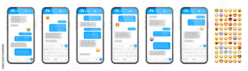 Wall mural smartphone messaging app, user interface design with emoji. sms text frame. chat screen with blue me