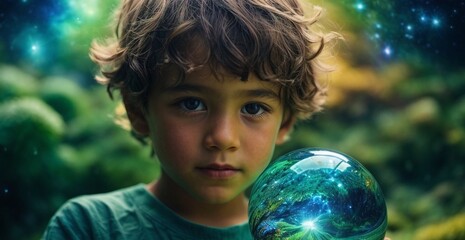 Naklejka premium A young boy holding a crystal ball in his hands, exploring the mysteries of the future