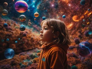 Fotobehang A joyful little girl surrounded by a magical array of colorful bubbles © Usman