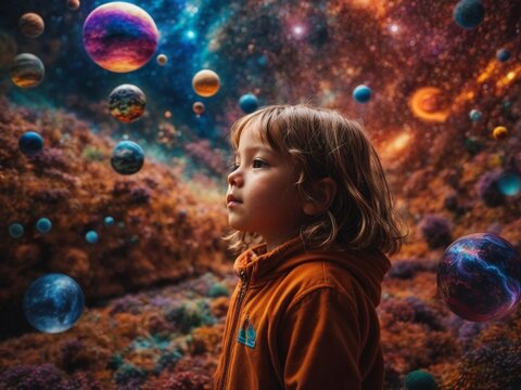 A joyful little girl surrounded by a magical array of colorful bubbles
